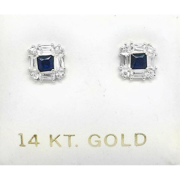 Created Blue & White Sapphire Stud Earrings 14k White Gold
